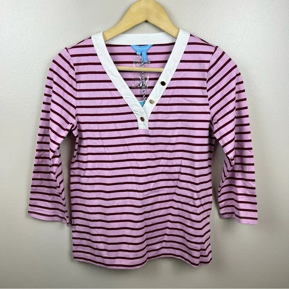 Draper James V-Neck Puff Sleeve Shirt Size XS Dark Pink Mariner Stripe Preppy